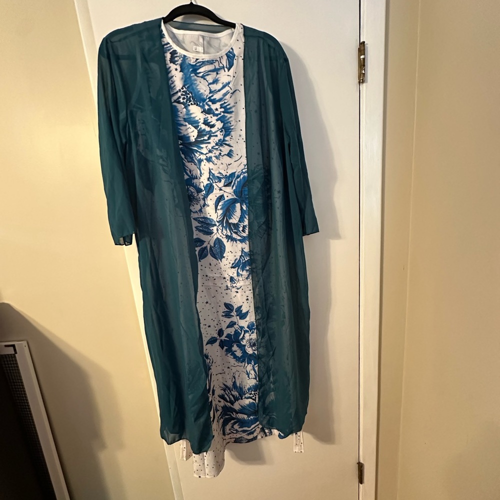 Womens Two-Piece Set Floral Print Midi Dress with Chiffon Cardigan